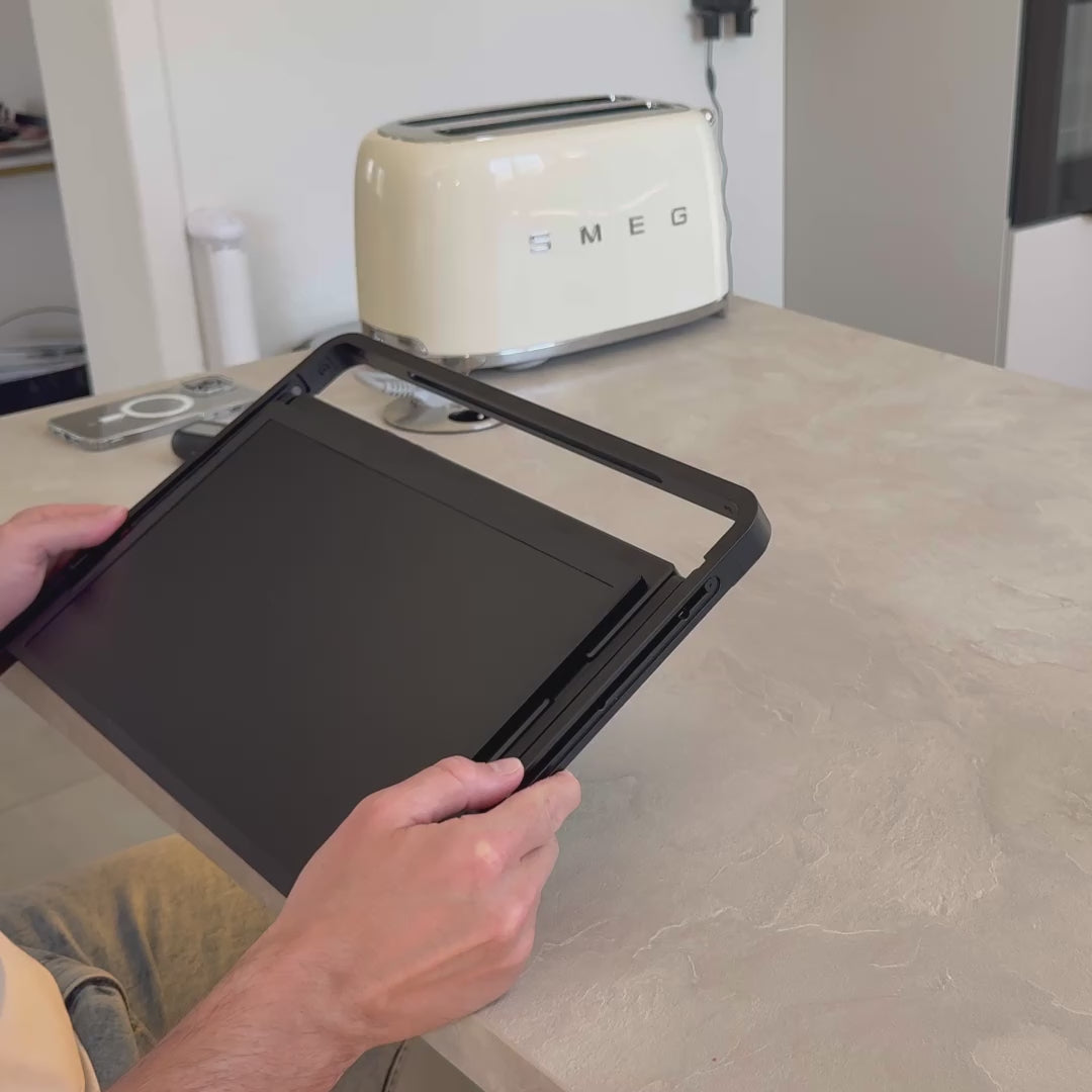 Load video: <ol><li>Unfold the stand</li><li>Open the screens</li><li>Plug in the power supply</li><li>Connect it to your laptop via USB-C</li><li>You’re ready to work, play, and unwind.</li></ol>